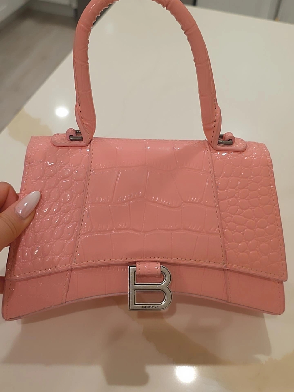 Pink Croc-Embossed Mini Top Handle Bag with Silver 'B' Clasp